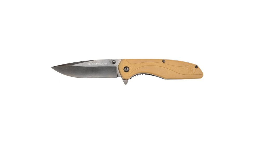 Smith &amp; Wesson SW1103 Assisted Opening Folding Knives, 3.5 in, 8Cr13MoV Stainless Steel, Plain, FDE, Nylon Handle, 1084313