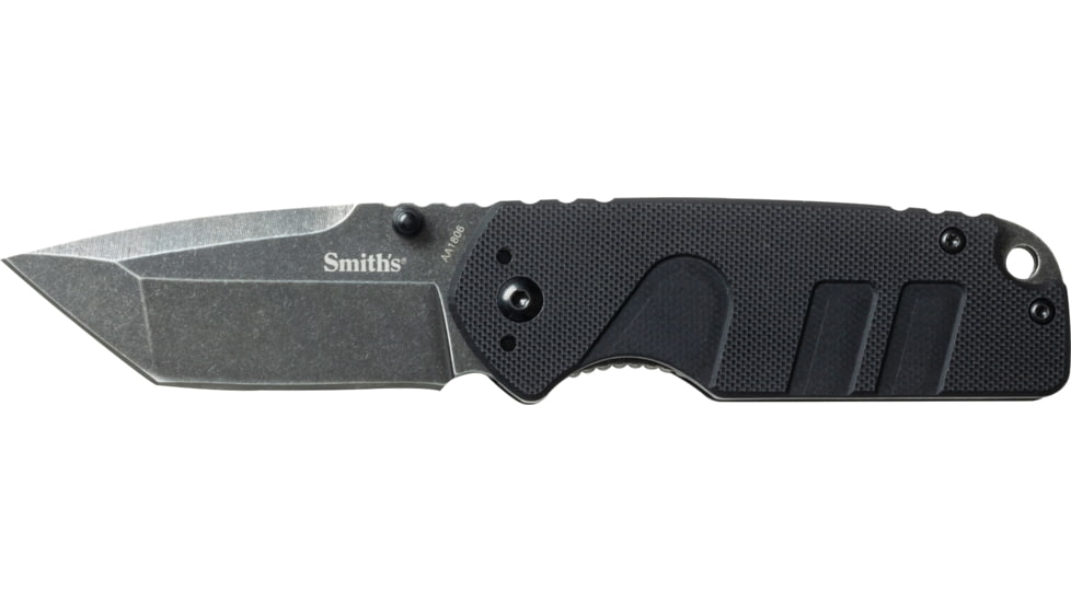 Smiths Campaign Folding Knife, 2.78in, 420 Stainless Steel, Black Stonewash, Tanto Blade, G10 Handle, PP1-Mini Tactical Sharpener, Black, SP-50997