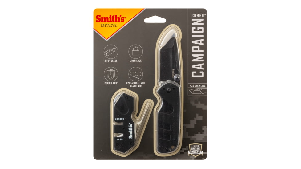 Smiths Campaign Folding Knife, 2.78in, 420 Stainless Steel, Black Stonewash, Tanto Blade, G10 Handle, PP1-Mini Tactical Sharpener, Black, SP-50997