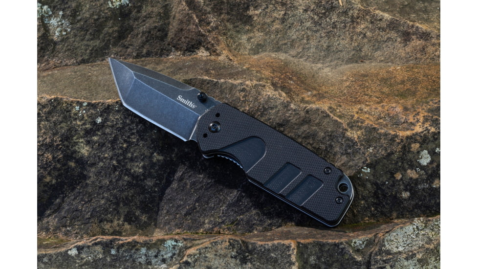 Smiths Campaign Folding Knife, 2.78in, 420 Stainless Steel, Black Stonewash, Tanto Blade, G10 Handle, PP1-Mini Tactical Sharpener, Black, SP-50997