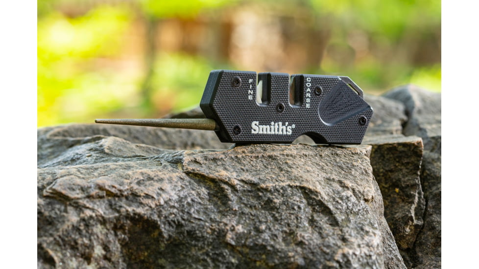 Smiths Campaign Folding Knife, 2.78in, 420 Stainless Steel, Black Stonewash, Tanto Blade, G10 Handle, PP1-Mini Tactical Sharpener, Black, SP-50997