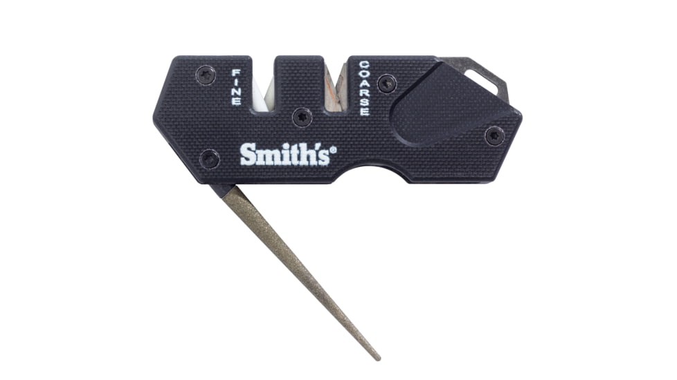 Smiths Campaign Folding Knife, 2.78in, 420 Stainless Steel, Black Stonewash, Tanto Blade, G10 Handle, PP1-Mini Tactical Sharpener, Black, SP-50997