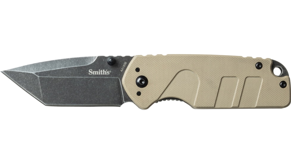Smiths Campaign Folding Knife, 2.78in, 420 Stainless Steel, Black Stonewash, Tanto Blade, G10 Handle, PP1-Mini Tactical Sharpener, Desert Tan, SP-50998