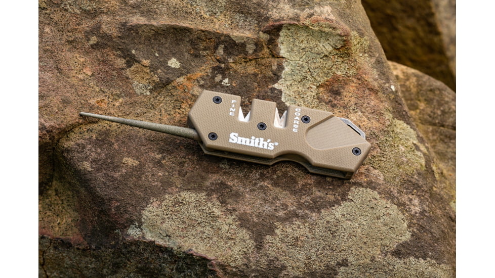 Smiths Campaign Folding Knife, 2.78in, 420 Stainless Steel, Black Stonewash, Tanto Blade, G10 Handle, PP1-Mini Tactical Sharpener, Desert Tan, SP-50998