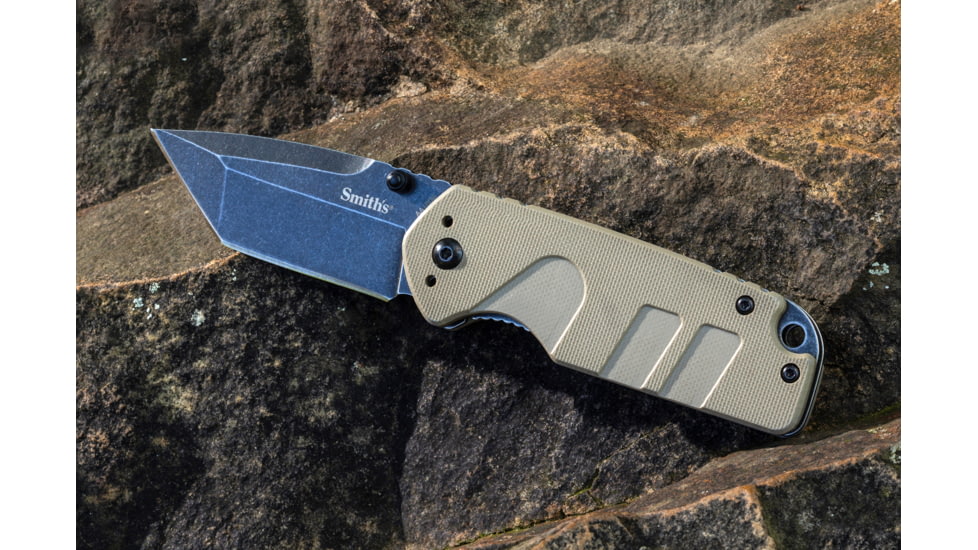 Smiths Campaign Folding Knife, 2.78in, 420 Stainless Steel, Black Stonewash, Tanto Blade, G10 Handle, PP1-Mini Tactical Sharpener, Desert Tan, SP-50998