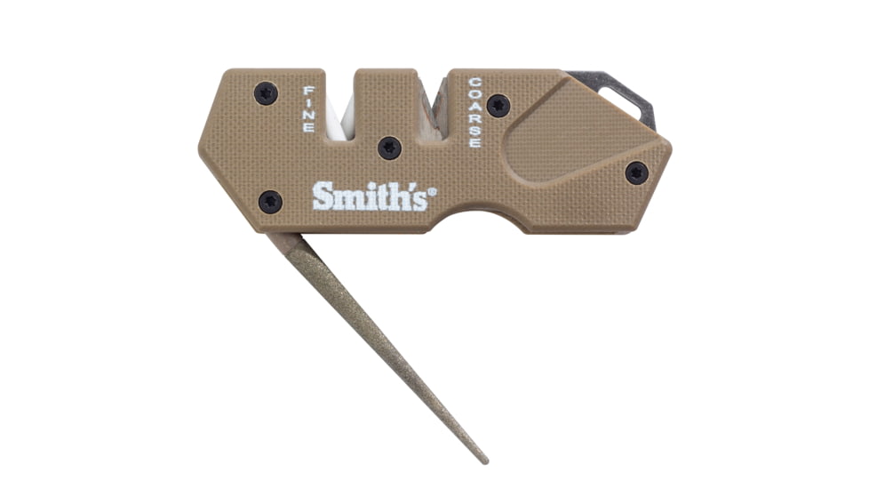 Smiths Campaign Folding Knife, 2.78in, 420 Stainless Steel, Black Stonewash, Tanto Blade, G10 Handle, PP1-Mini Tactical Sharpener, Desert Tan, SP-50998