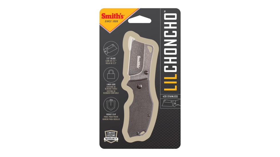 Smiths Lil Choncho Folding Knife, 2.2in, 400 Stainless Steel, Black Stonewash, Cleaver Blade, G10 Handle, Black, SP-51126