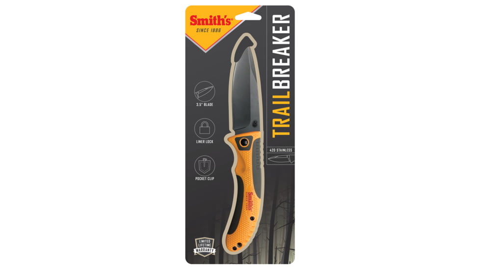 Smiths Trail Breaker Folding Knife, 3.5in, 420 Stainless Steel, Black, Drop Point Blade, Orange/Gray, SP-51005