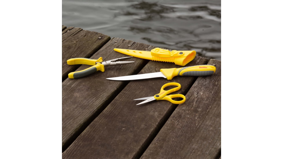 Smiths Mr Crappie Fishing Combo Fixed Blade Knife Set, 6in, 400 Series Stainless Steel Blade, Plain Edge, Fillet Blade, TPE, Yellow/Gray Handle, SP-51232
