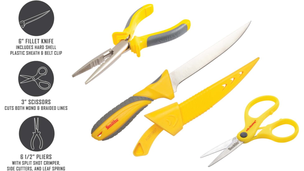 Smiths Mr Crappie Fishing Combo Fixed Blade Knife Set, 6in, 400 Series Stainless Steel Blade, Plain Edge, Fillet Blade, TPE, Yellow/Gray Handle, SP-51232