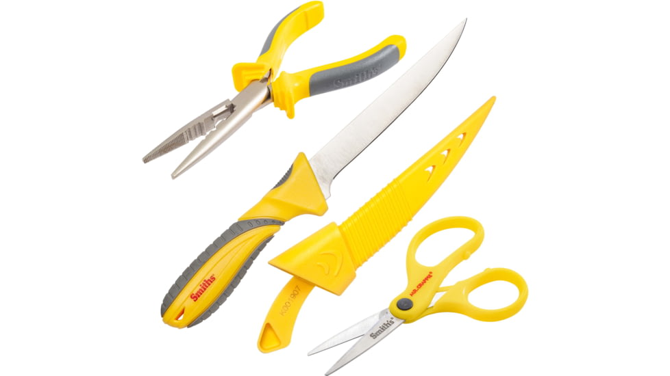 Smiths Mr Crappie Fishing Combo Fixed Blade Knife Set, 6in, 400 Series Stainless Steel Blade, Plain Edge, Fillet Blade, TPE, Yellow/Gray Handle, SP-51232