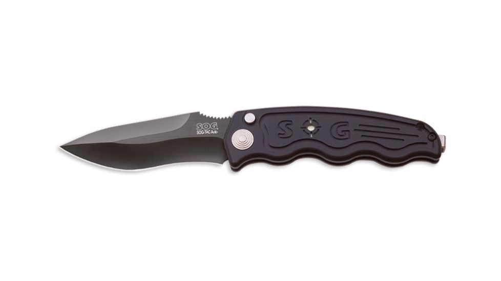 SOG Auto Drop Point Knife w/ SE Fold 3.5in. Steel Blade and Alum. Handle, BLK Finish, Black ST-06