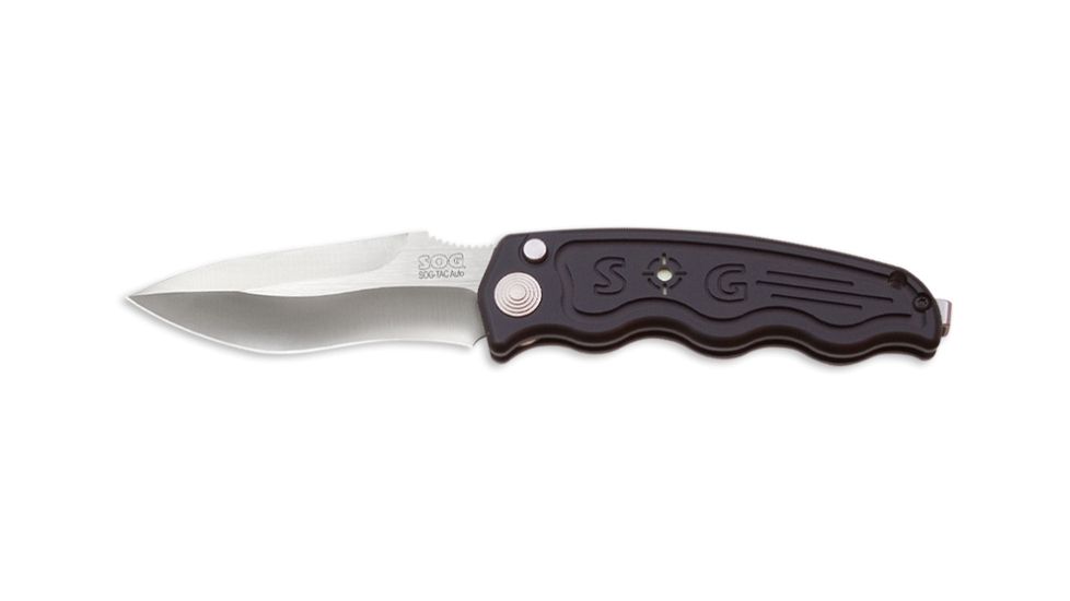 SOG Auto Drop Point Knife w/ SE Fold 3.5in. Steel Blade and Alum. Handle, Satin Finish, Black ST-05