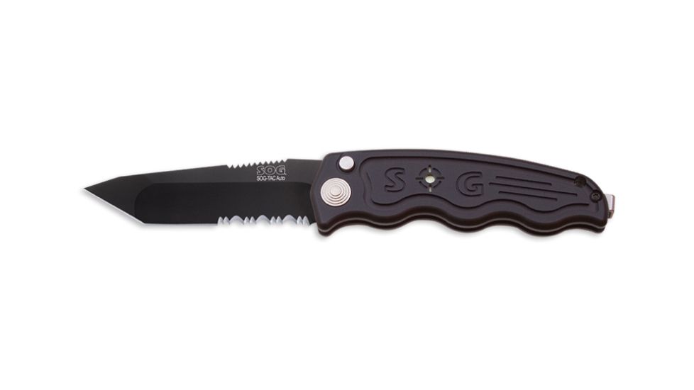 SOG Auto Tanto Knife w/ PS Fold 3.5in. Steel Blade and Alum. Handle, BLK Finish, Black ST-04