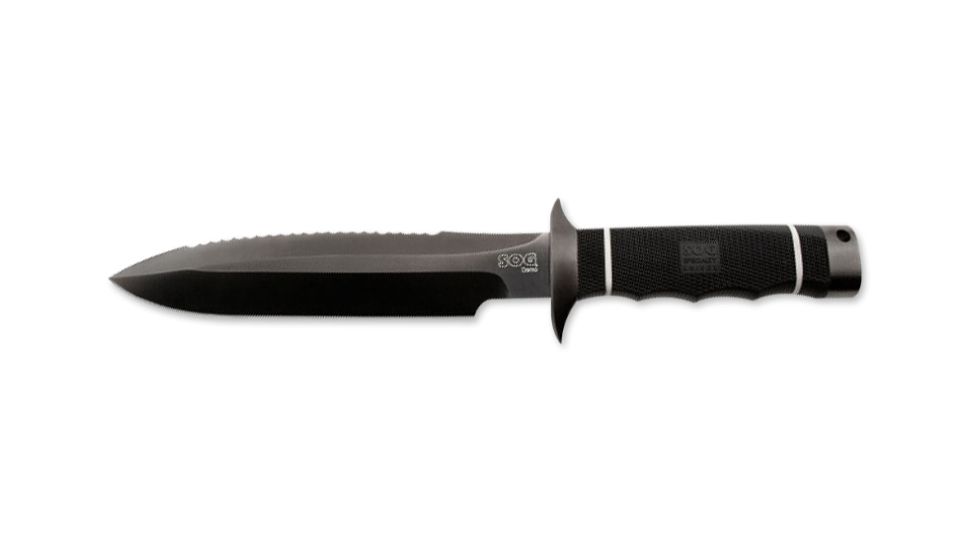 SOG Demo Knife w/ Straight and Serrated 7.2in. Steel Blade and Leather Sheath, BLK TiNi Finish, Black SSD01-L