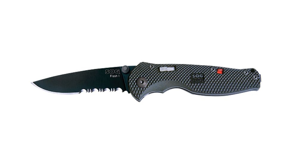 SOG Flash I Knife w/ PS Fold 2.5in. Steel Blade and GRN Handle, Hardcased BLK TiNi Finish, Black TFSA97-CP