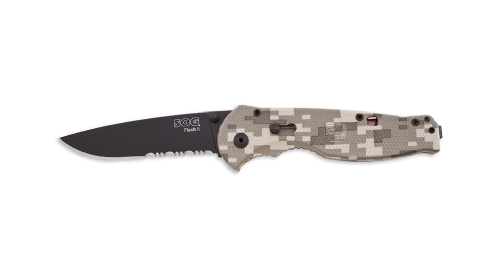 SOG Flash II Knife w/ PS Fold 3.5in. Steel Blade and Digi Camo Handle, BLK Finish, Black DFSA98-CP