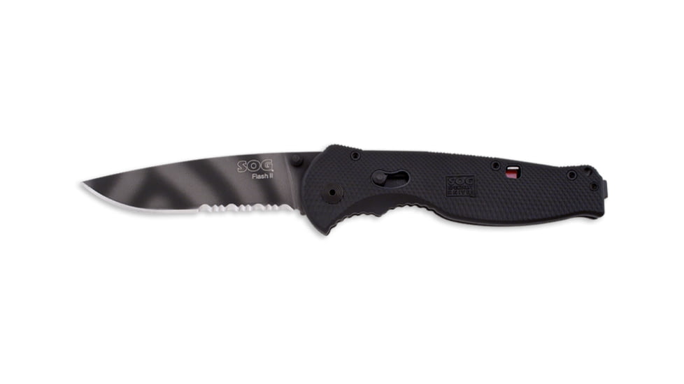 SOG Flash II Knife w/ PS Fold 3.5in. Steel Blade and GRN Handle, TigerStripe BLK Finish, Black FSA5-CP
