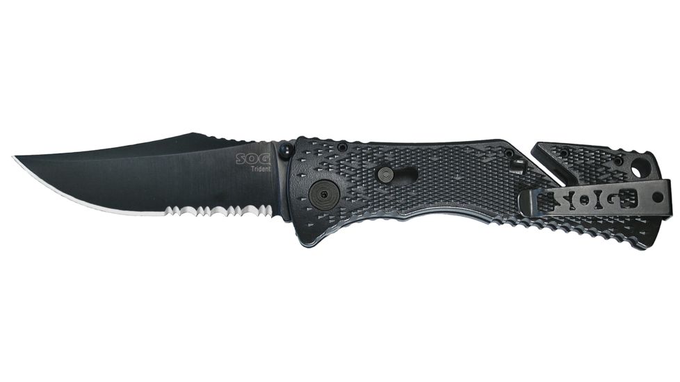 SOG Trident Partially Serrated Black TiNi Folding Knife, TF-1