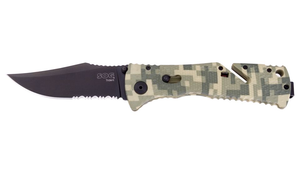 SOG Trident Partially Serrated Black TiNi Digi Camo Folding Knife, TF-10