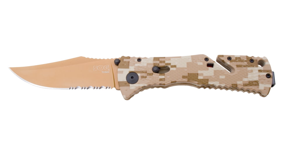 SOG Trident Partially Serrated Copper TiNi Desert Camo Folding Knife, TF-5