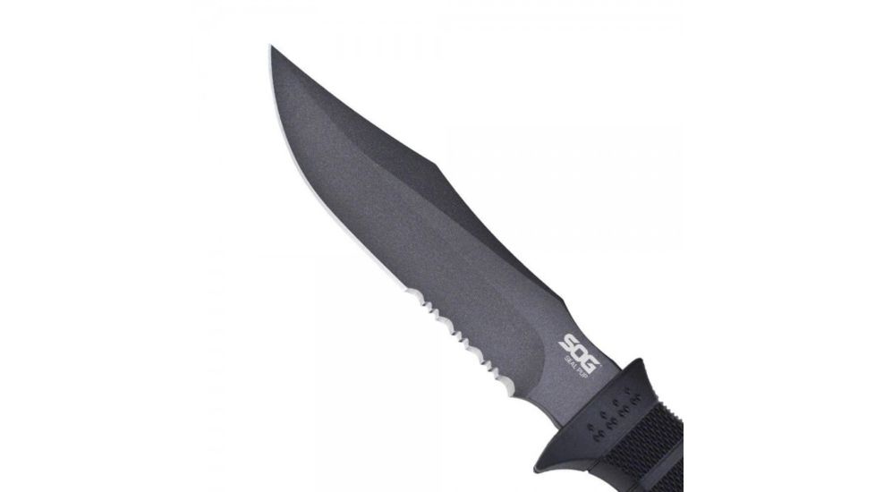 SOG SEAL Pup 9 inch Fixed Blade Knife, Partially Serrated Edge, Clip Point, AUS-8, Powder Coated Black Blade, Black Handle, Ballistic Nylon Sheath, M3N-CP