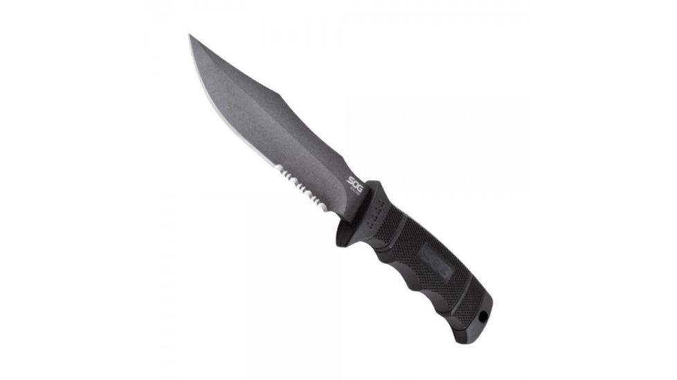 SOG SEAL Pup 9 inch Fixed Blade Knife, Partially Serrated Edge, Clip Point, AUS-8, Powder Coated Black Blade, Black Handle, Ballistic Nylon Sheath, M3N-CP