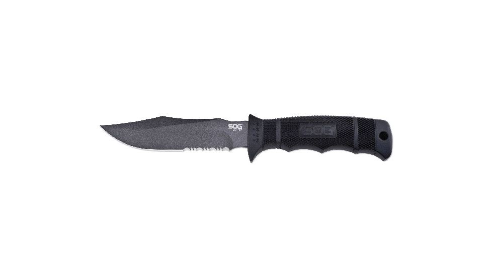SOG SEAL Pup 9 inch Fixed Blade Knife, Partially Serrated Edge, Clip Point, AUS-8, Powder Coated Black Blade, Black Handle, Ballistic Nylon Sheath, M3N-CP