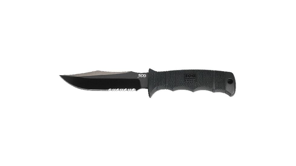 SOG SEAL Pup Elite 9.5 inch Fixed Blade Knife, Partially Serated Edge, Clip Point, AUS-8, Hardcased Black TiNi Blade, Black Handle, Kydex Sheath, E37T-K