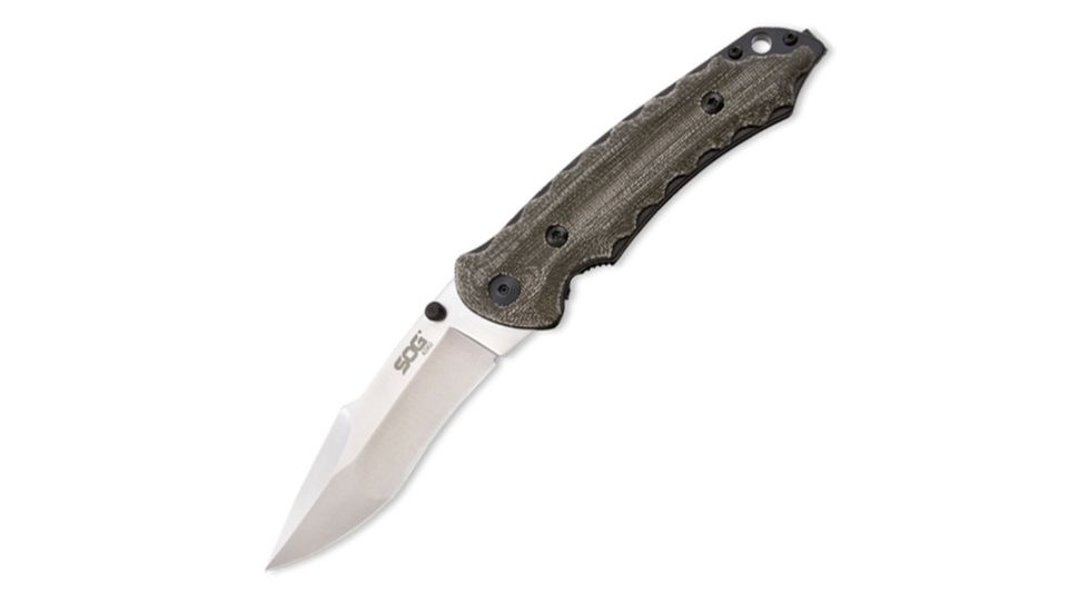 SOG Specialty Knives &amp; Tools Kiku 3.5in Folding Knife, Green Linen Micarta Handle, Tanto Blade, Satin, Plain SOGKU-1001