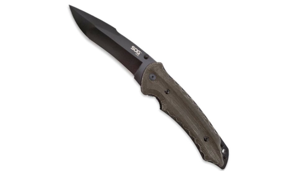 SOG Specialty Knives &amp; Tools Kiku 4.6in Folding Knife, Green Linen Micarta Handle, Black Tini Blade, Plain SOGKU-1012