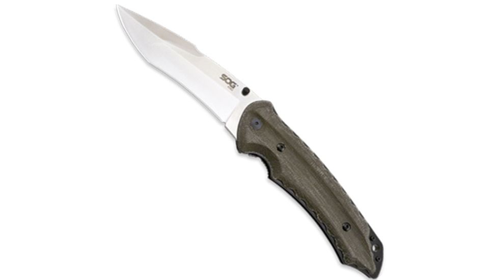 SOG Specialty Knives &amp; Tools Kiku 4.6in Folding Knife, Green Linen Micarta Handle, Tanto Blade,Satin,Plain SOGKU-1011