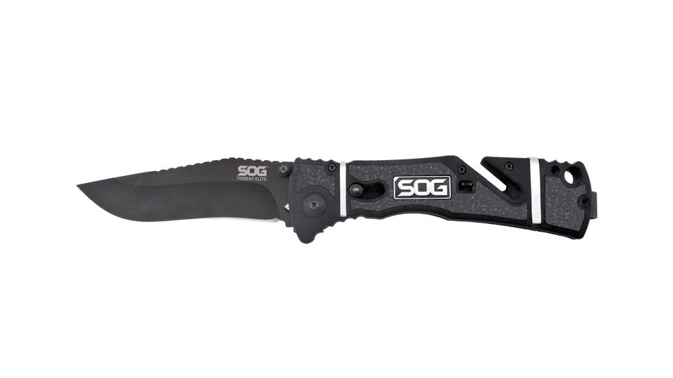 SOG Trident Elite Straight-Edge Assisted Folding Steel Blade Knife, 3.75 in., Green Handle, Black TiNi Finish, TF102-CP