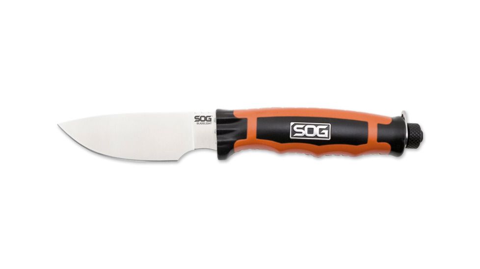 SOG Specialty Knives &amp; Tools 3.8 in. Bladelight Hunt LED Straight Edge Steel Blade Fixed Knife, Leather Sheath, Satin Finish, Orange BLT20L-CP