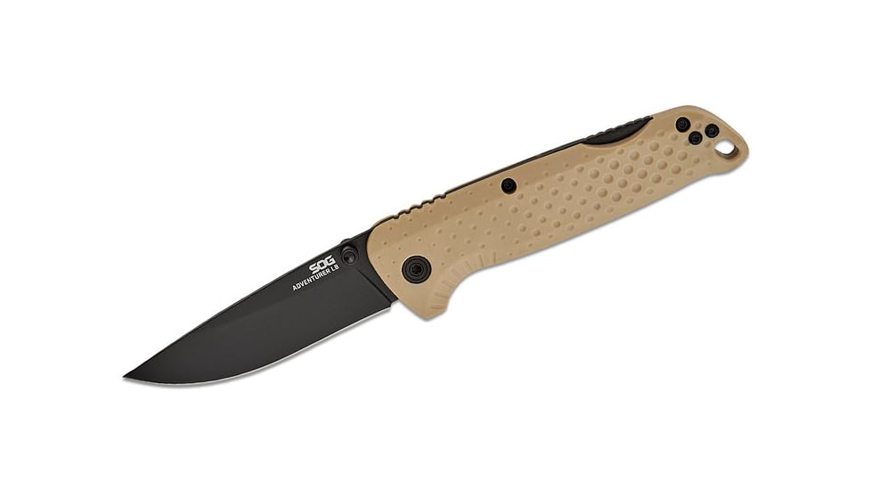 SOG Adventurer LB Lockback Folding Knife 3" Black PVD Drop Point Blade, FDE Flat Dark Earth GRN Handles