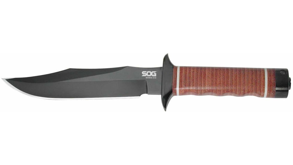 SOG Specialty Knives &amp; Tools Bowie 2.0 Fixed Blade Knife, 6.4in, AUS-8 Blade, Clip Point, Brown, Leather Washers Handle, Black, SOG-S1T-L