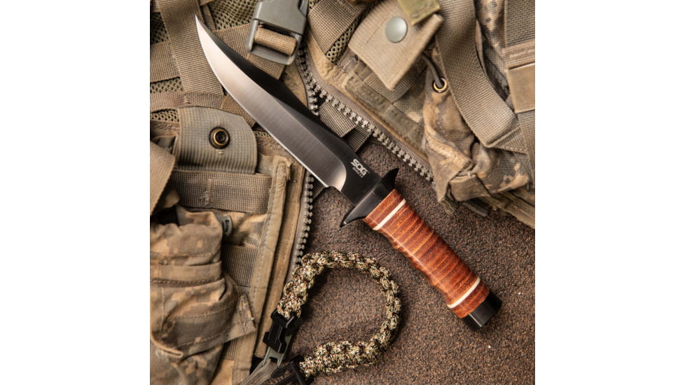 SOG Specialty Knives &amp; Tools Bowie 2.0 Fixed Blade Knife, 6.4in, AUS-8 Blade, Clip Point, Brown, Leather Washers Handle, Black, SOG-S1T-L