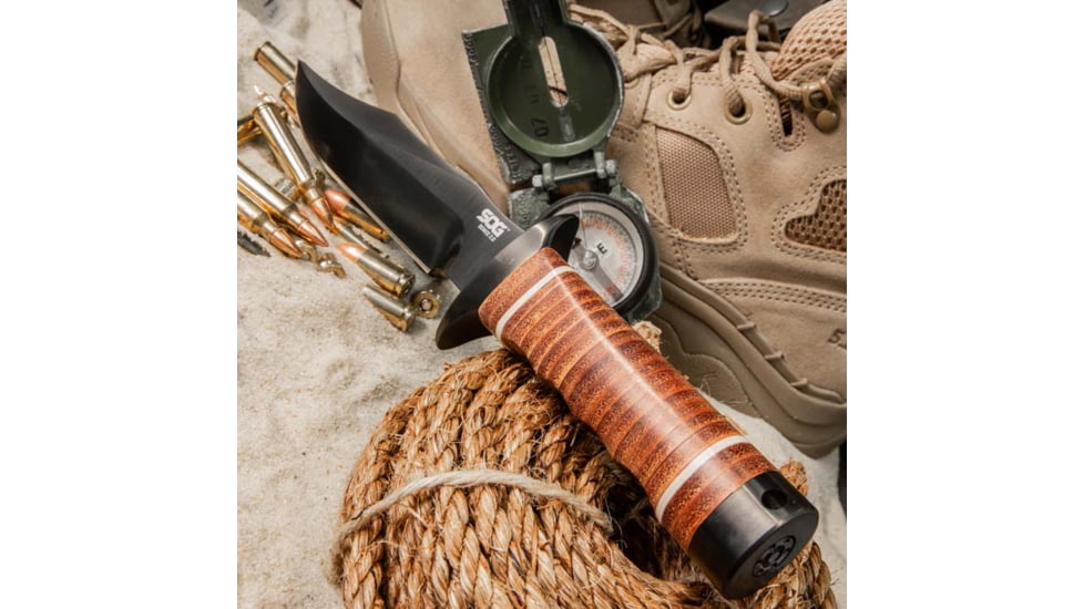 SOG Specialty Knives &amp; Tools Bowie 2.0 Fixed Blade Knife, 6.4in, AUS-8 Blade, Clip Point, Brown, Leather Washers Handle, Black, SOG-S1T-L