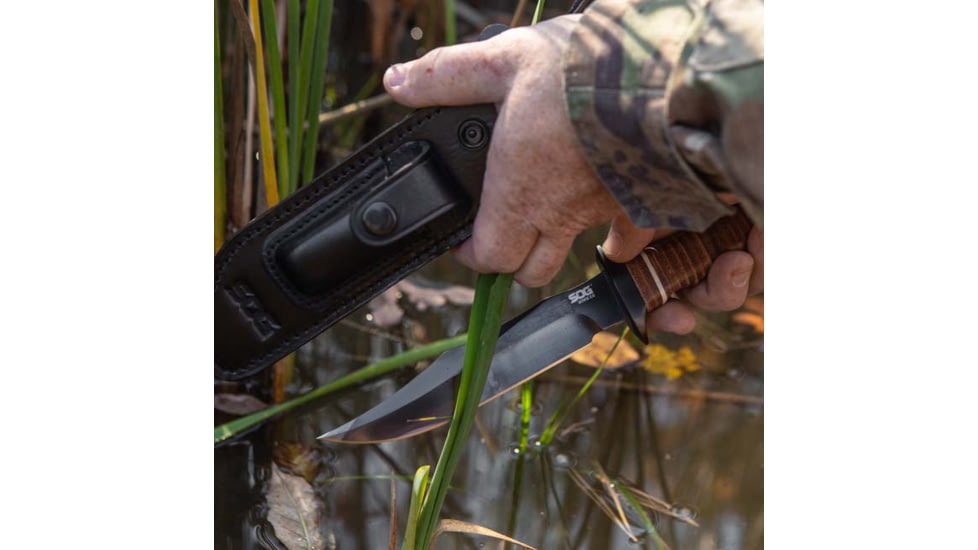 SOG Specialty Knives &amp; Tools Bowie 2.0 Fixed Blade Knife, 6.4in, AUS-8 Blade, Clip Point, Brown, Leather Washers Handle, Black, SOG-S1T-L