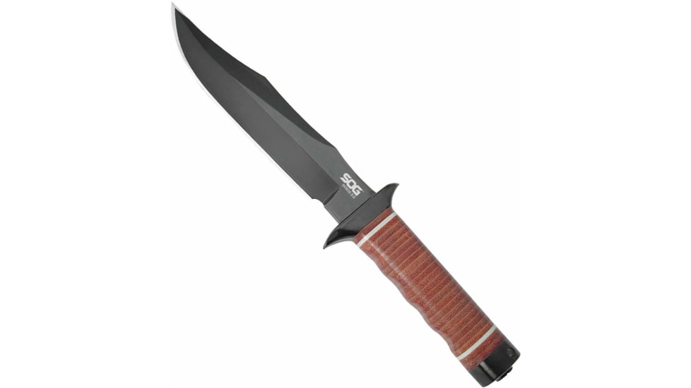 SOG Specialty Knives &amp; Tools Bowie 2.0 Fixed Blade Knife, 6.4in, AUS-8 Blade, Clip Point, Brown, Leather Washers Handle, Black, SOG-S1T-L