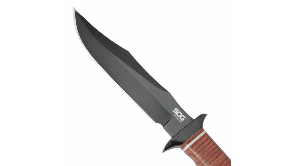 SOG Specialty Knives &amp; Tools Bowie 2.0 Fixed Blade Knife, 6.4in, AUS-8 Blade, Clip Point, Brown, Leather Washers Handle, Black, SOG-S1T-L