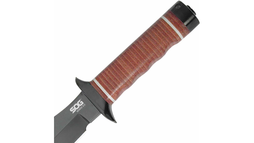 SOG Specialty Knives &amp; Tools Bowie 2.0 Fixed Blade Knife, 6.4in, AUS-8 Blade, Clip Point, Brown, Leather Washers Handle, Black, SOG-S1T-L