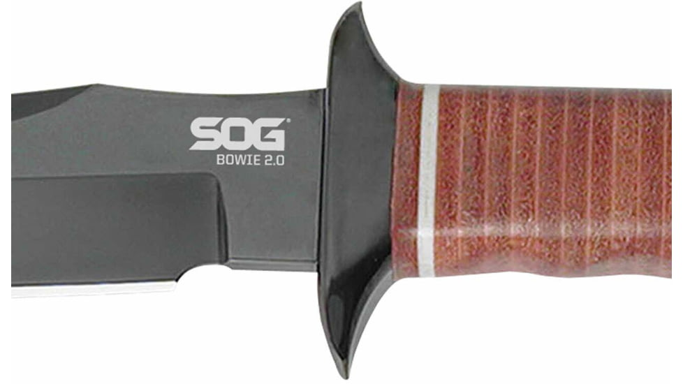 SOG Specialty Knives &amp; Tools Bowie 2.0 Fixed Blade Knife, 6.4in, AUS-8 Blade, Clip Point, Brown, Leather Washers Handle, Black, SOG-S1T-L