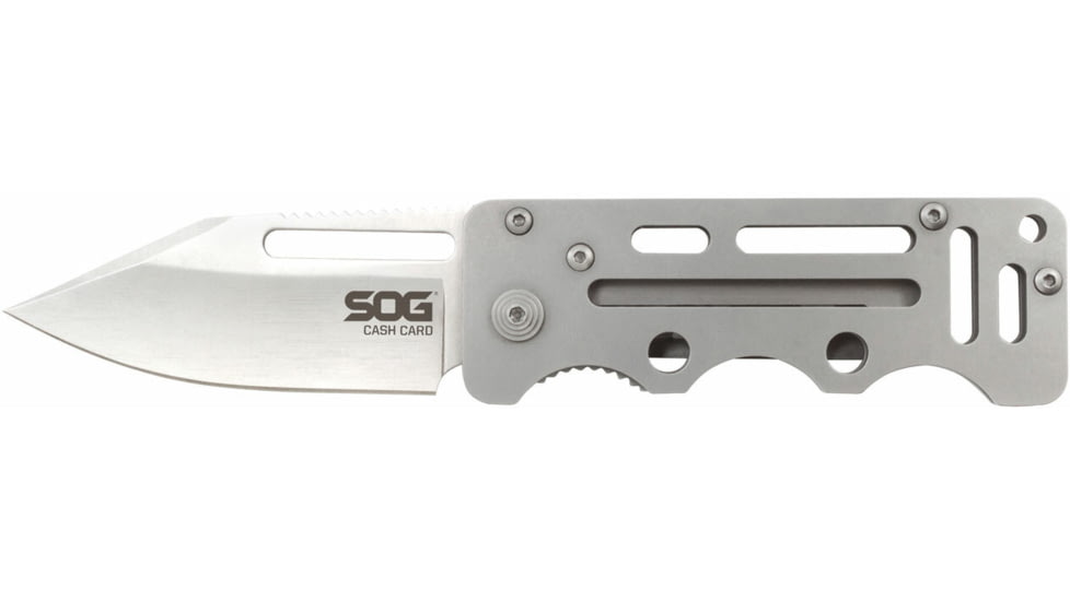 SOG Specialty Knives &amp; Tools Cash Card Folding Knife, 2.75in, 8Cr13MoV Stainless Steel Blade, Clip Point, Silver, Stainless Steel Handle, Silver, SOG-EZ1-CP