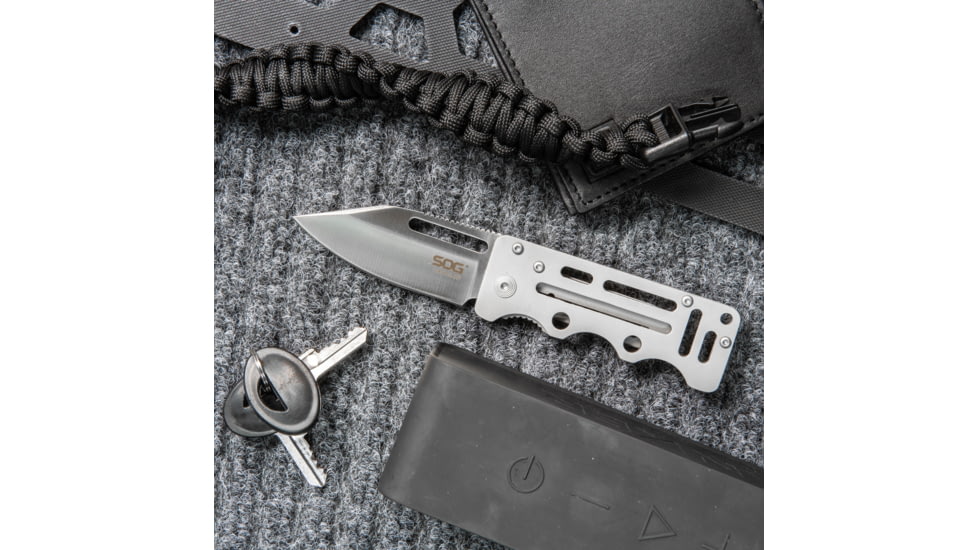 SOG Specialty Knives &amp; Tools Cash Card Folding Knife, 2.75in, 8Cr13MoV Stainless Steel Blade, Clip Point, Silver, Stainless Steel Handle, Silver, SOG-EZ1-CP