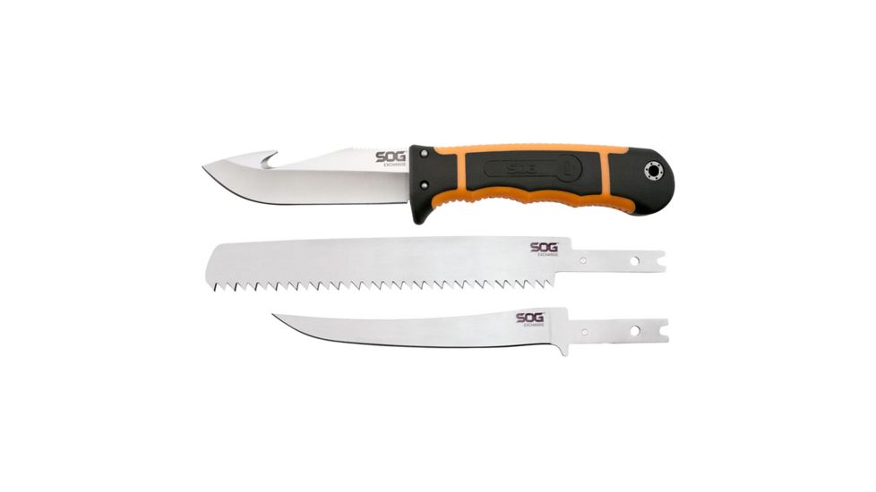 SOG Specialty Knives &amp; Tools Exchange Knive Set, 4.3in 8Cr13Mov Steel Blade w/ Gut Hook/Fillet And Saw Blade, Glass-Reinforced Nylon And Rubber Overmold Handle Black/Orange, HT201N
