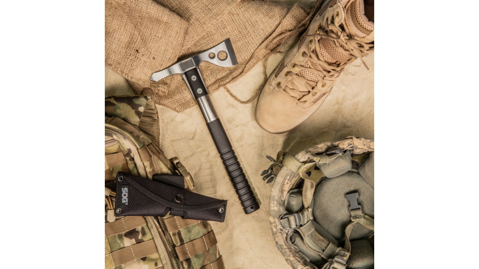 SOG Specialty Knives &amp; Tools FastHawk Tactical Tomahawk Axe, 2in, 420 Stainless Blade, Black, Glass-Reinforced Nylon Handle, Polished Blade Finish, Silver, SOG-F06PN-CP