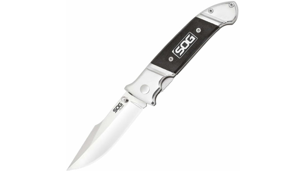 SOG Specialty Knives &amp; Tools Fielder Folding Knife, 3.3in, 7Cr17MoV Blade, Clip Point, Black, G10 Handle, Silver, SOG-FF38-CP