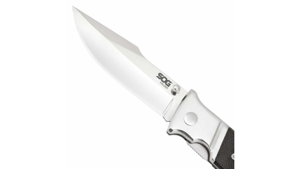 SOG Specialty Knives &amp; Tools Fielder Folding Knife, 3.3in, 7Cr17MoV Blade, Clip Point, Black, G10 Handle, Silver, SOG-FF38-CP