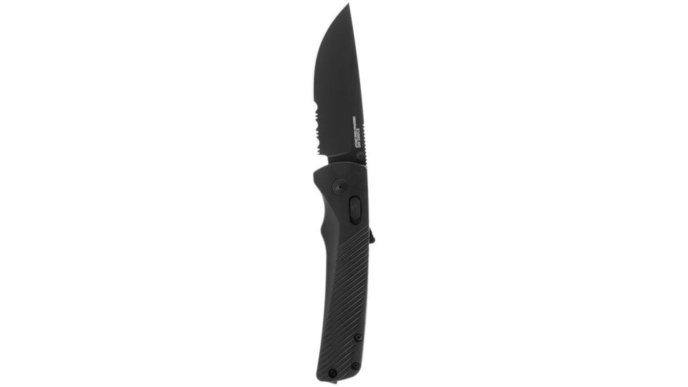 SOG Specialty Knives &amp; Tools Flash At  Blackout Automatic Folding Knife, 3.38in, D2 Tool Steel, Drop Point Blade, Partially Serrated, Black Coated, Black GRN Handle, SOG-11-18-02-57
